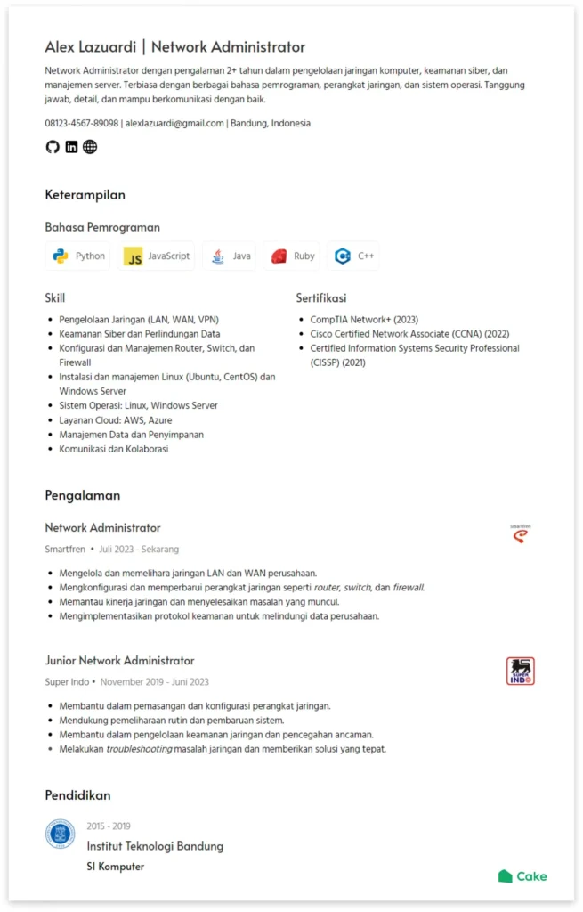 contoh cv untuk posisi network administrator – Struktur Utama yang Efektif