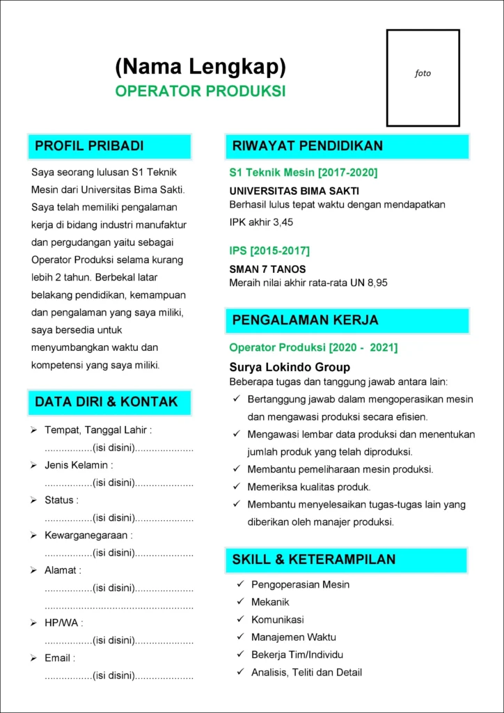 Contoh CV untuk Posisi Operator Mesin – Panduan Praktis