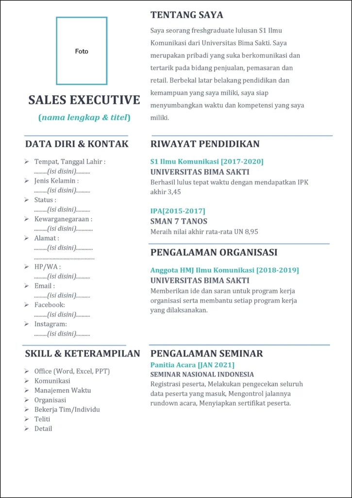 Contoh CV untuk Posisi Sales Executive – Panduan Praktis & Lengkap